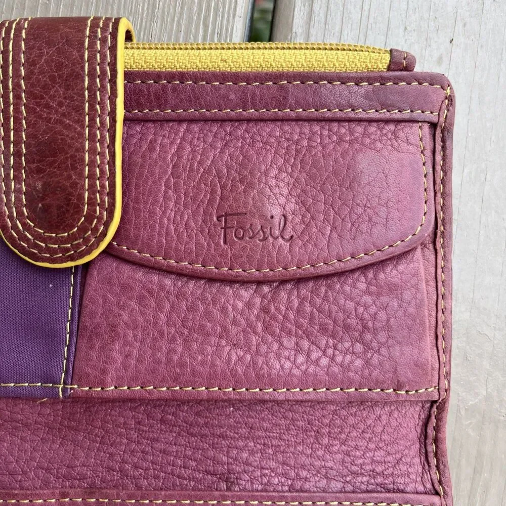 FOSSIL Vintage Women's Floral Leather Wristlet Clutch Wallet Yellow Zippered